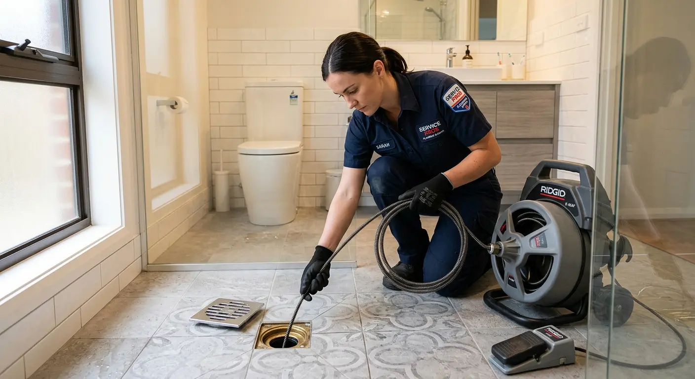 Technician clearing a bathroom floor drain for Hydro Jetting in Marina del Rey